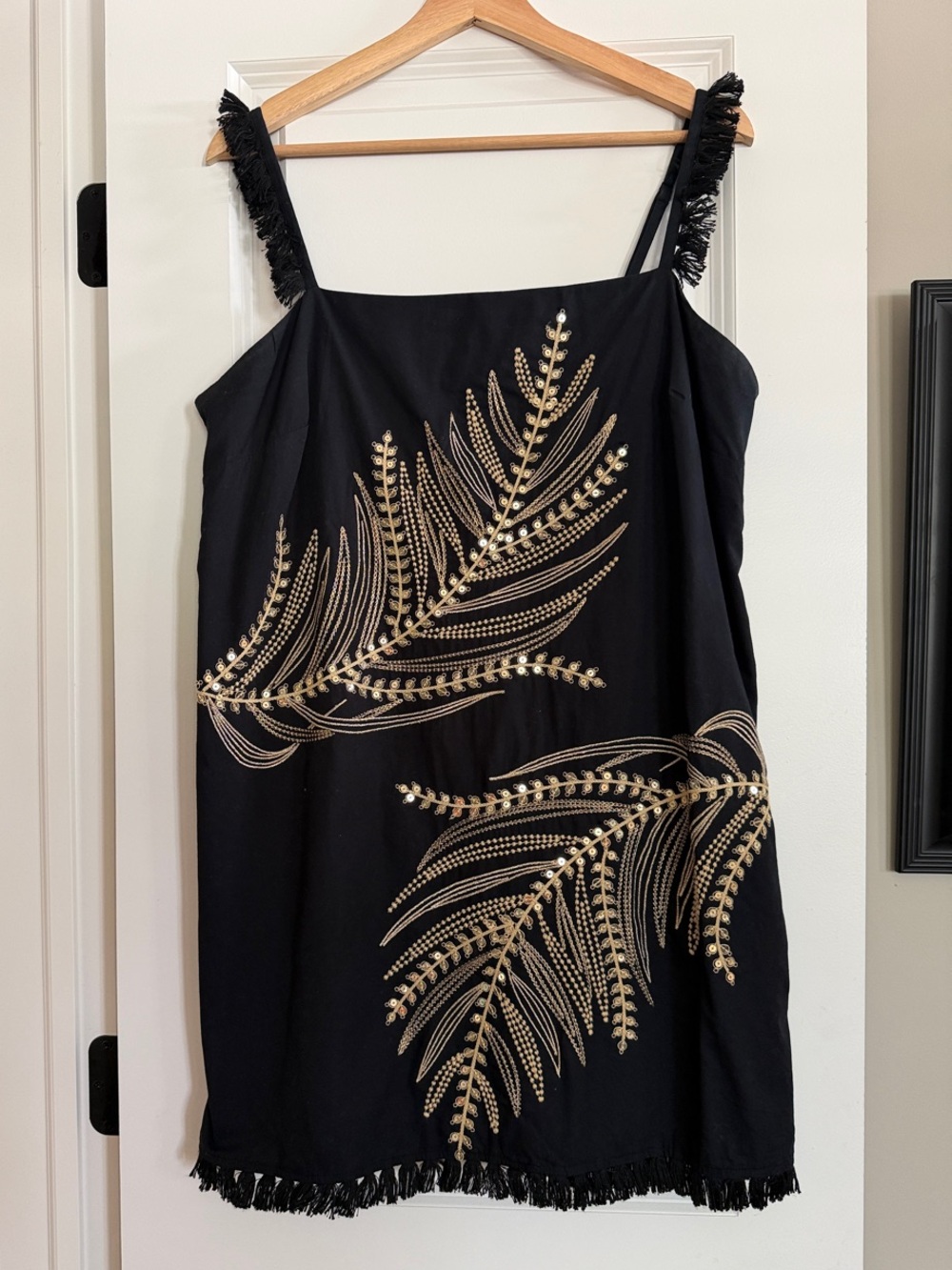 Anthropologie Black Embroidered Fringe-Trim Slip Dress